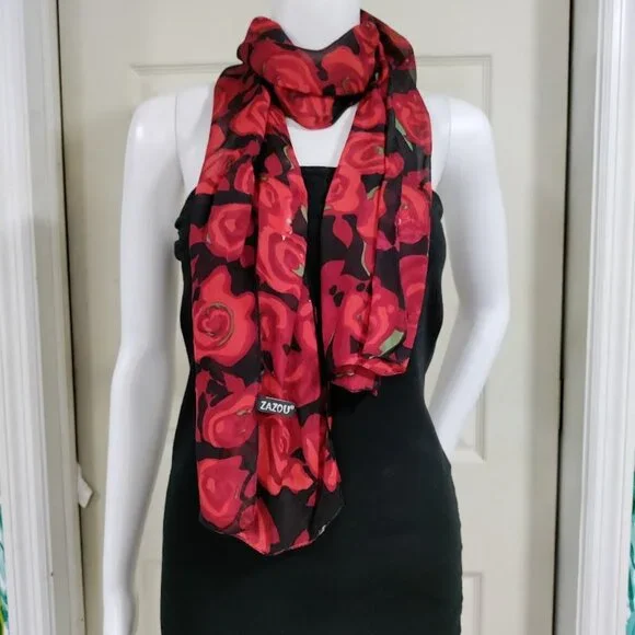 Zazou Floral Rose Lightweight Sheer Scarf Neckwear Red Black Women's Length 30" - Picture 3 of 7